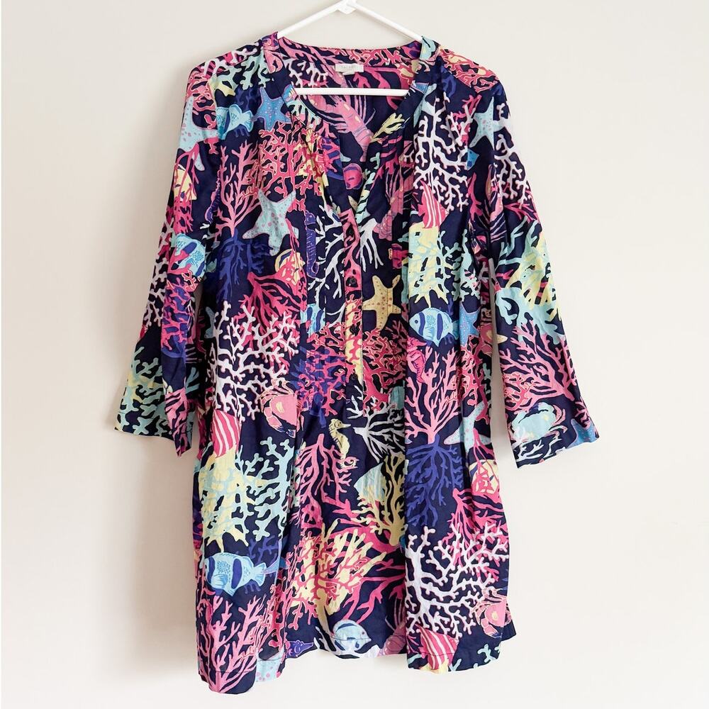 Talbots Tunic Dress Cover Up Cotton Coral Print Beach Swim Colorful Vacation
